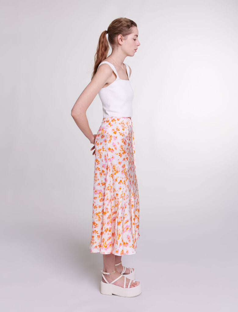 Sping Orange Flower Print-Satin-effect floral skirt