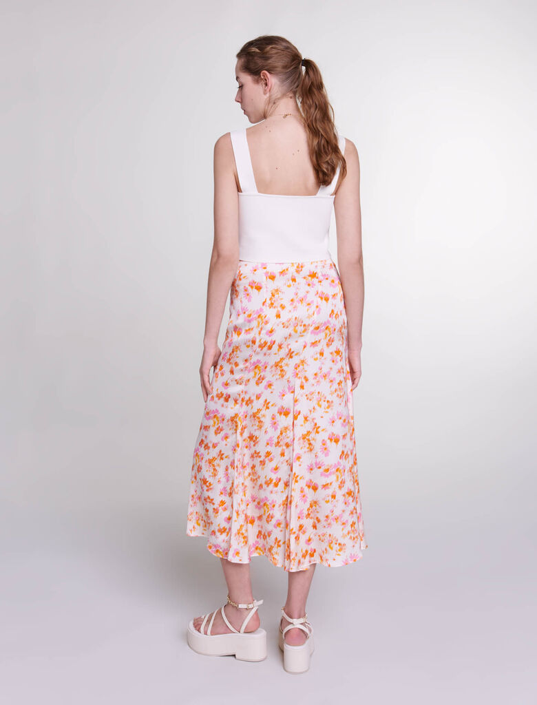 Sping Orange Flower Print-Satin-effect floral skirt