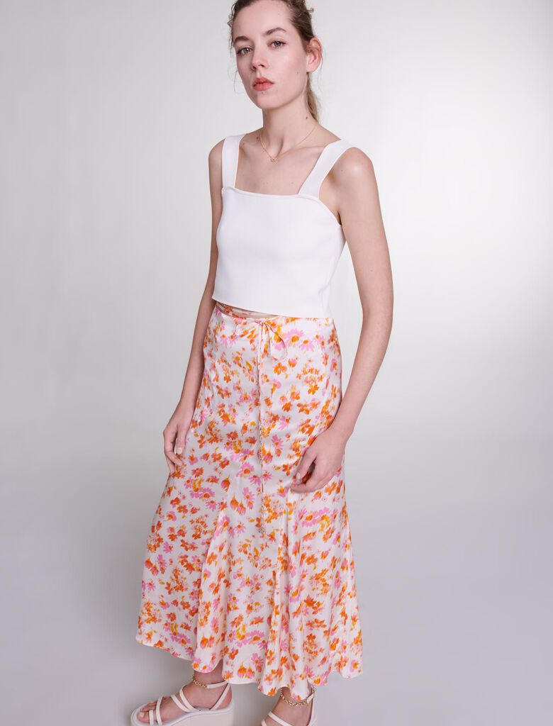 Sping Orange Flower Print-Satin-effect floral skirt