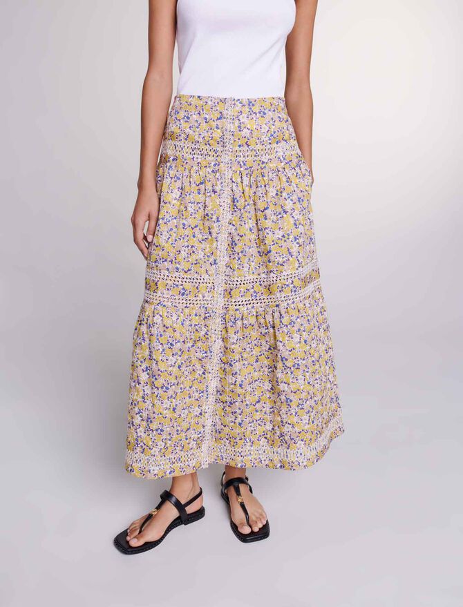 Print Embroided Flowers Beige-Long floral embroidered skirt