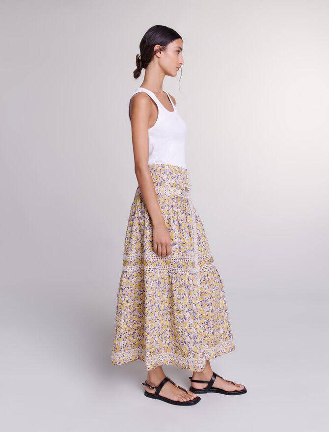 Print Embroided Flowers Beige-Long floral embroidered skirt