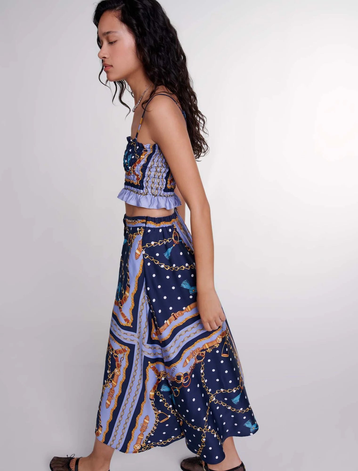 Chain Scarf Print Blue-Satin-effect patterned short skirt