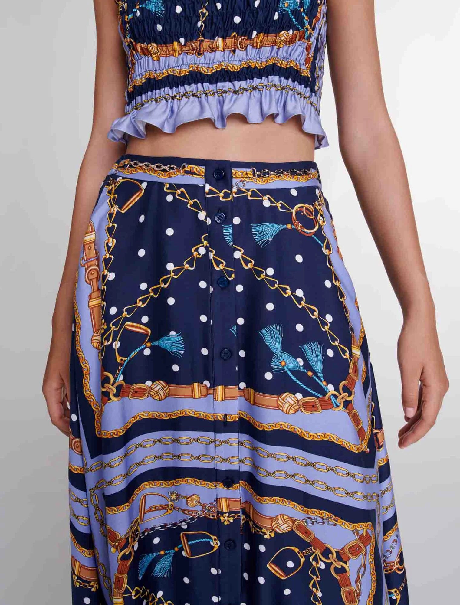 Chain Scarf Print Blue-Satin-effect patterned short skirt