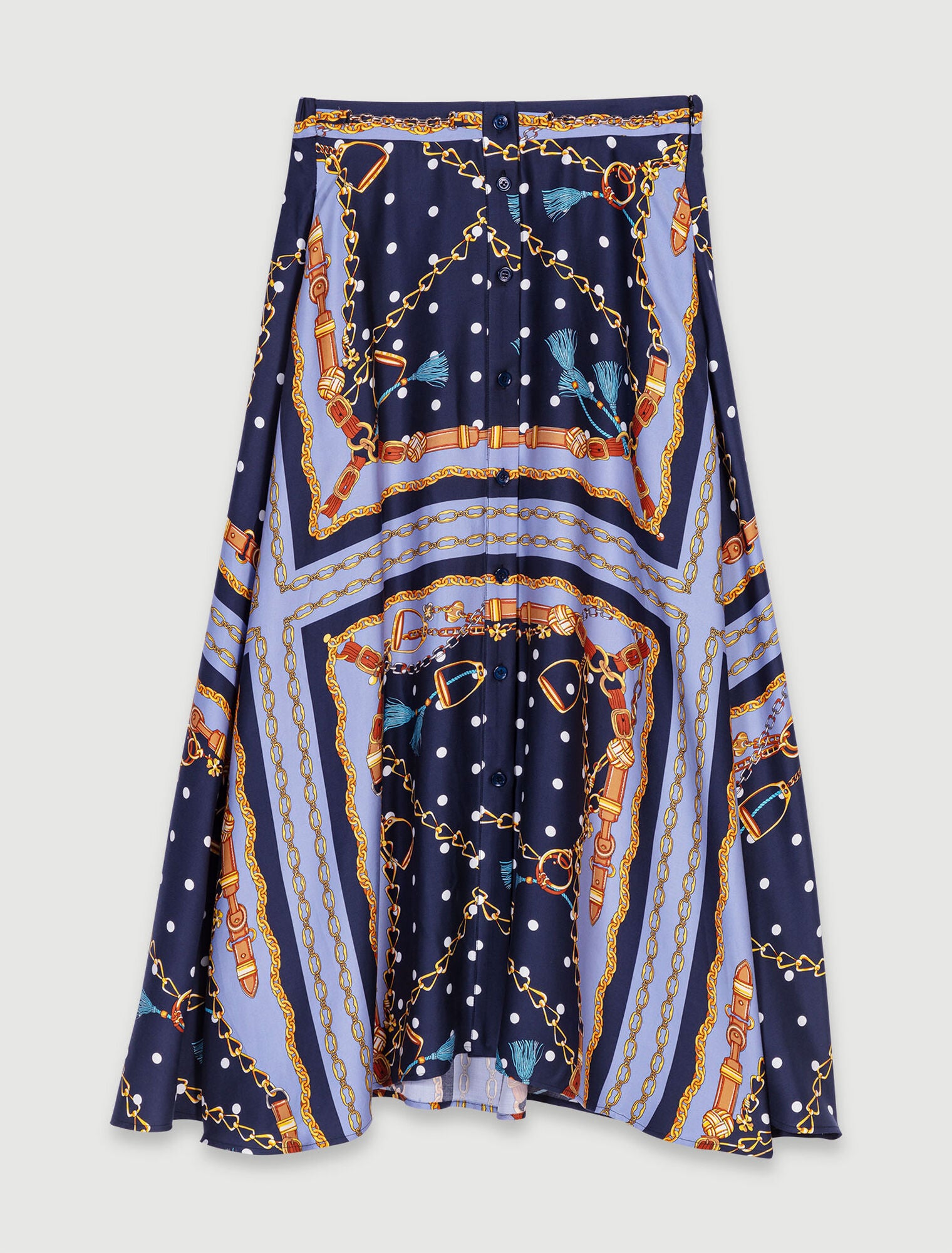 Chain Scarf Print Blue-Satin-effect patterned short skirt