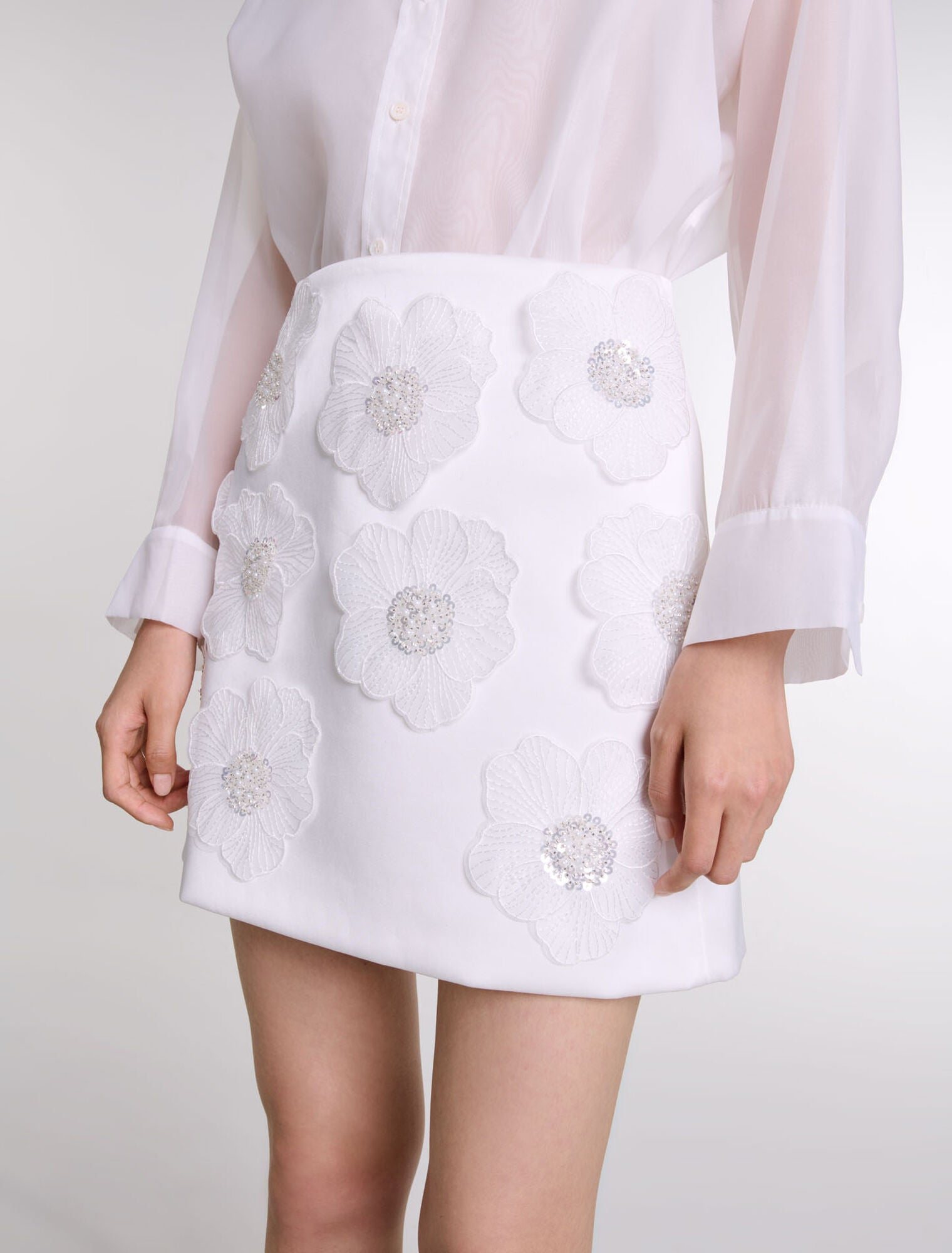 White Beaded satin floral skirt