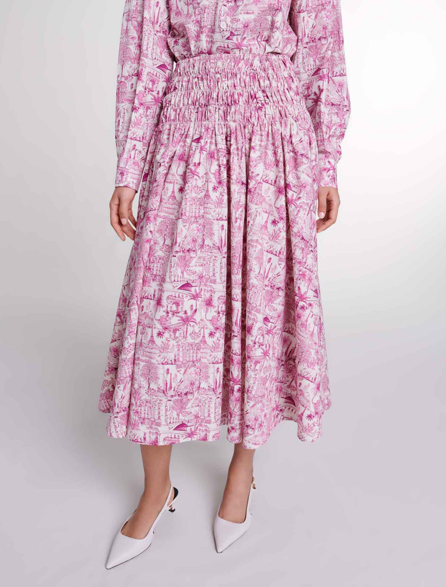 Paris pink print-Elasticated smocked-waist skirt