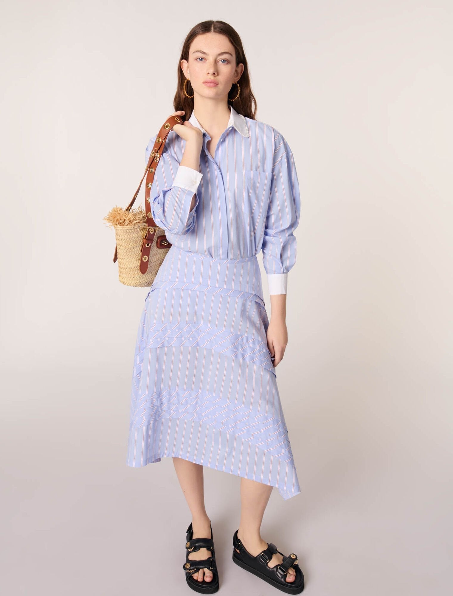 Light Blue Stripes-Striped cotton maxi skirt