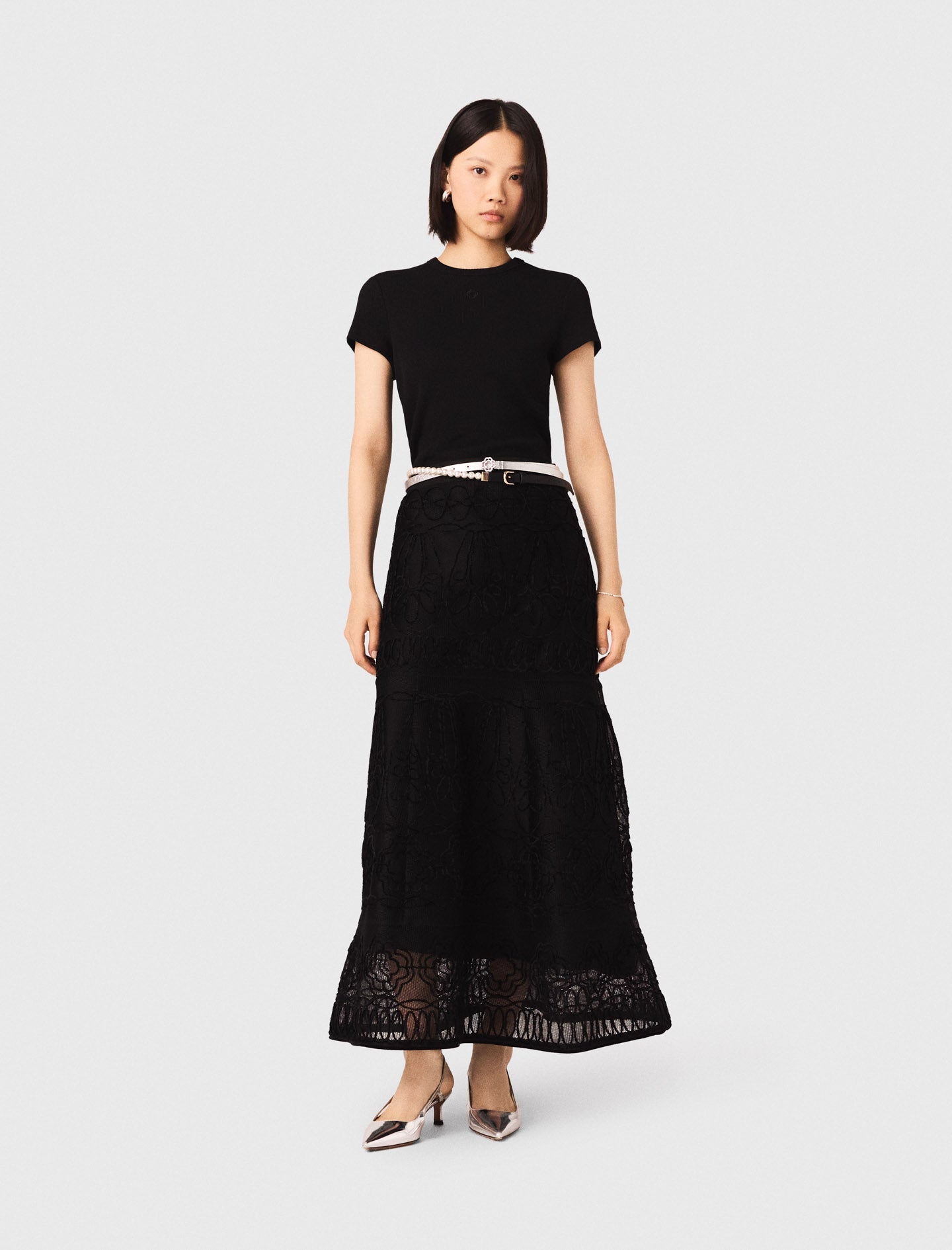 Embroidered Basket-Weave Knit Skirt Black