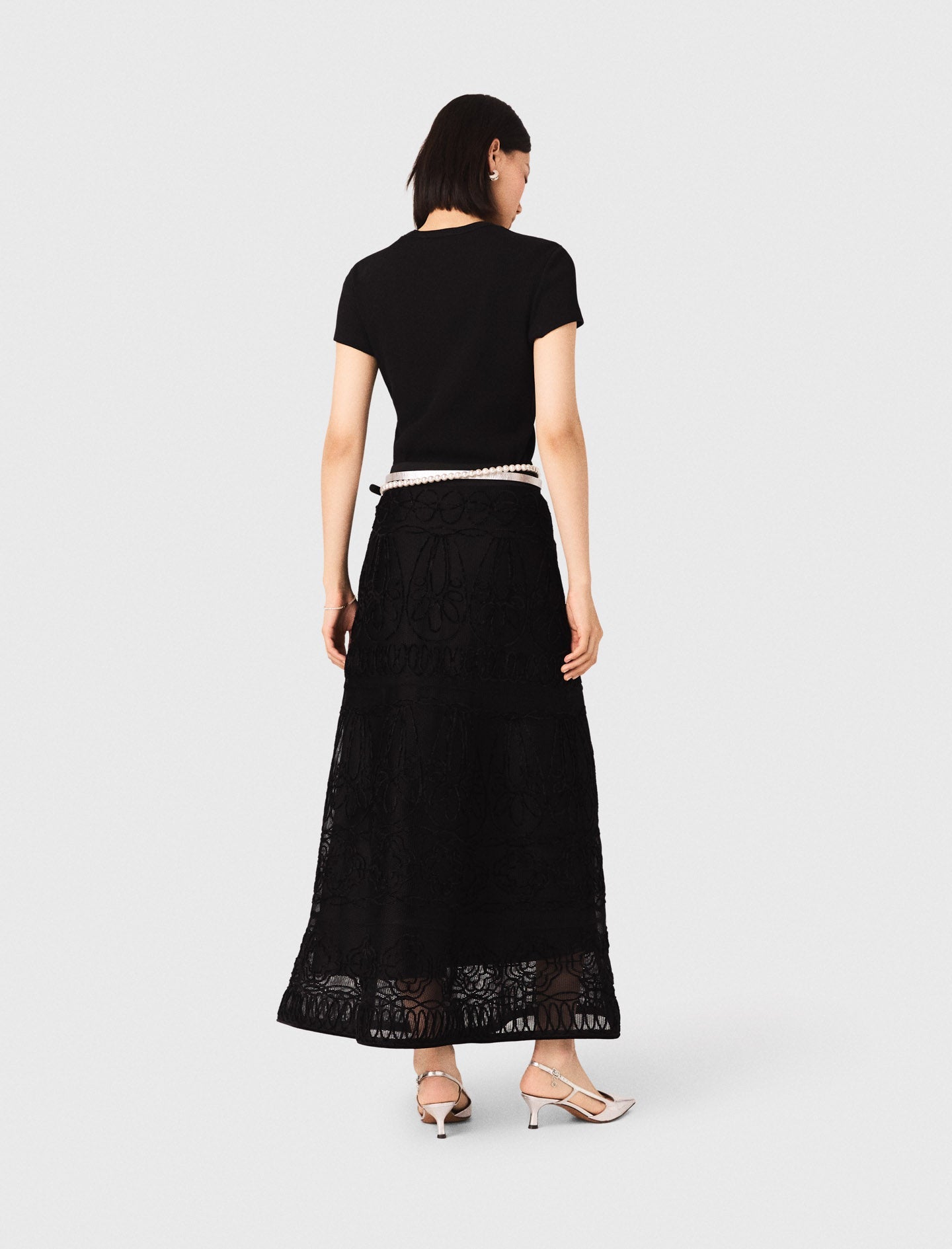 Embroidered Basket-Weave Knit Skirt Black
