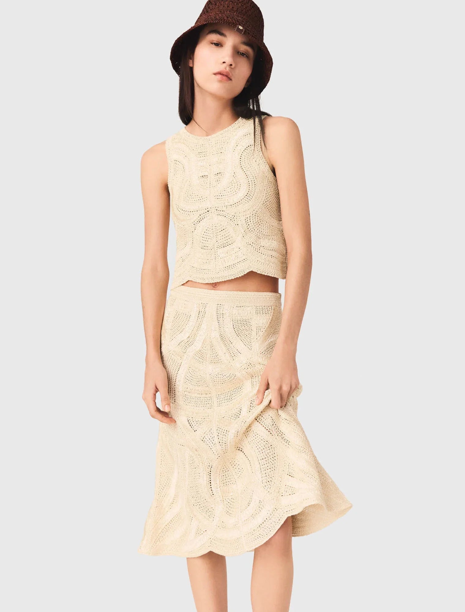 Long Crochet Skirt Beige