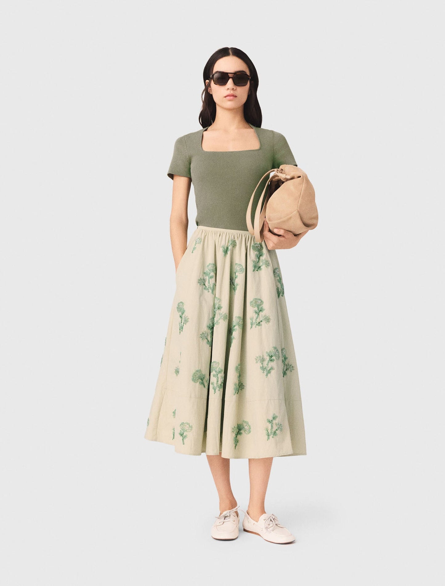 Embroidered Technical Skirt Beige