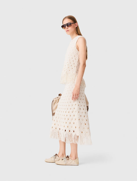Fringed crochet midi skirt Ecru