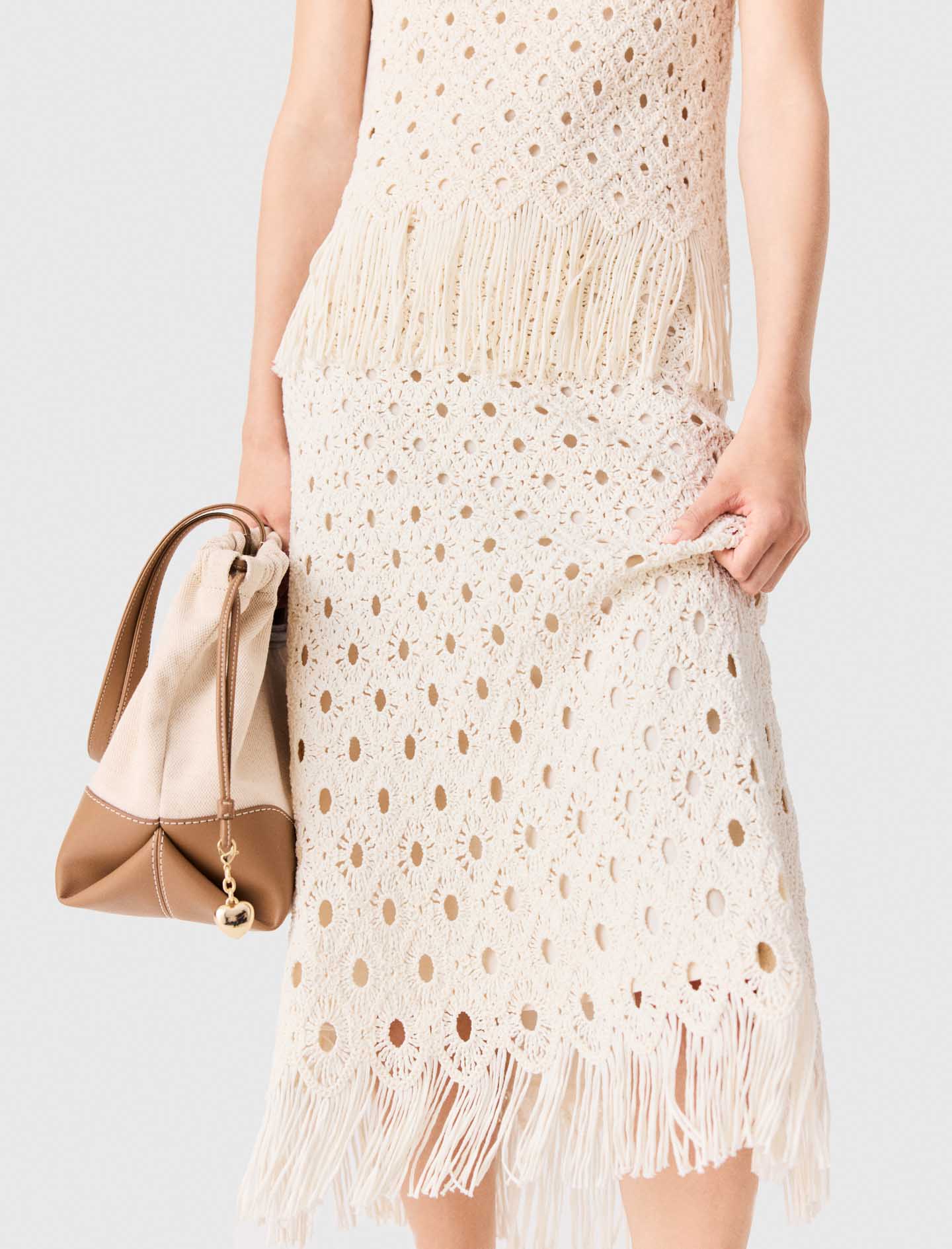 Fringed crochet midi skirt Ecru