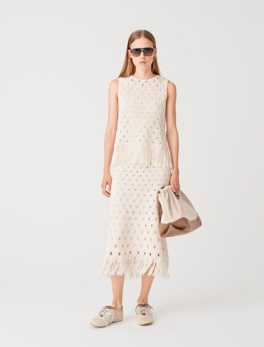 Fringed crochet midi skirt Ecru