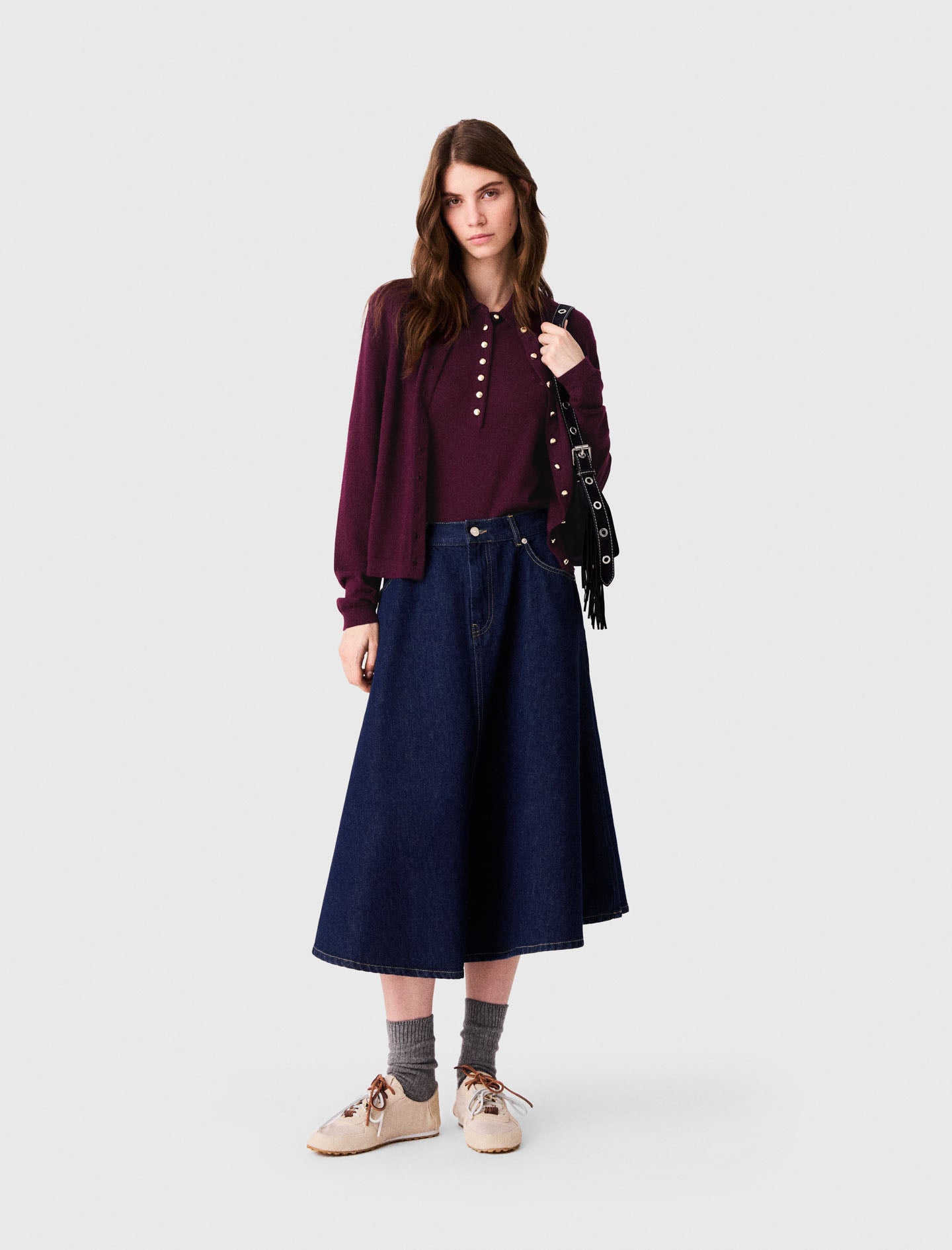 Mid-length flared denim skirt Navy