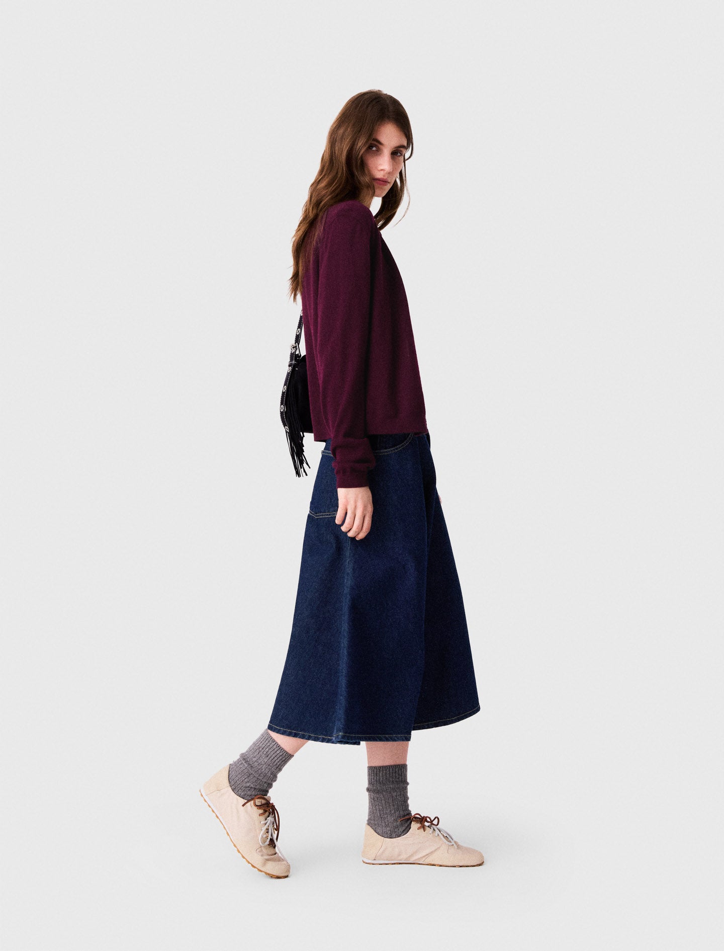 Mid-length flared denim skirt Navy