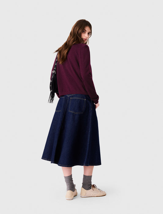 Mid-length flared denim skirt Navy