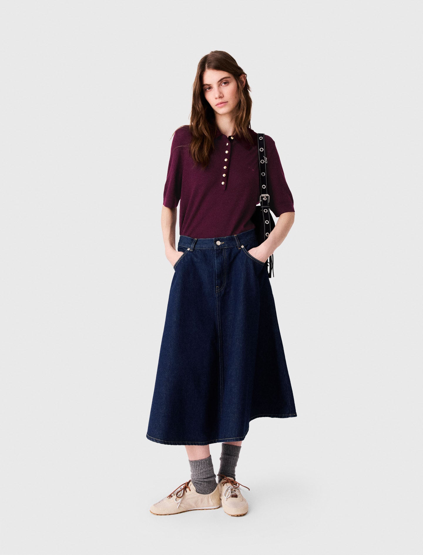 Mid-length flared denim skirt Navy