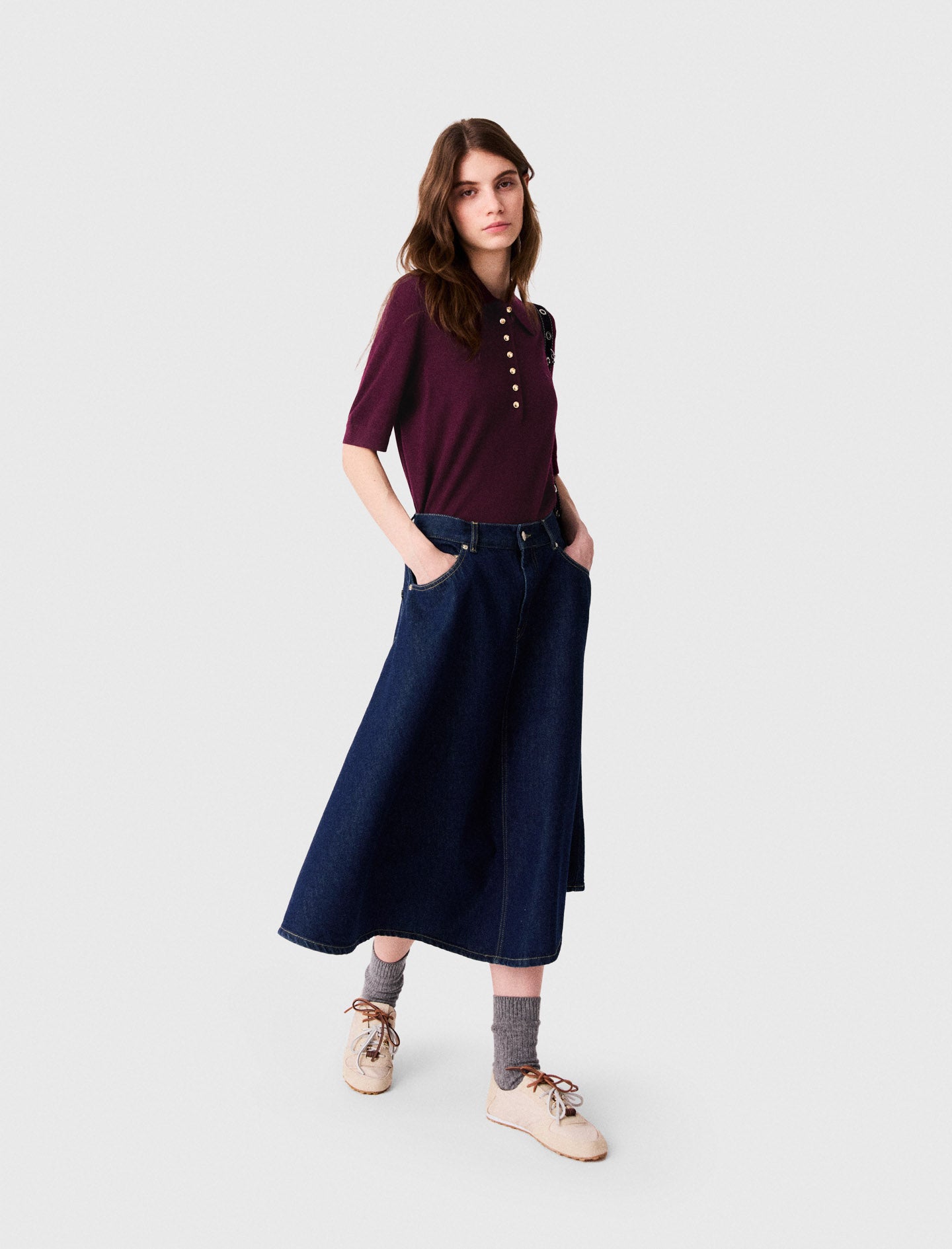 Mid-length flared denim skirt Navy
