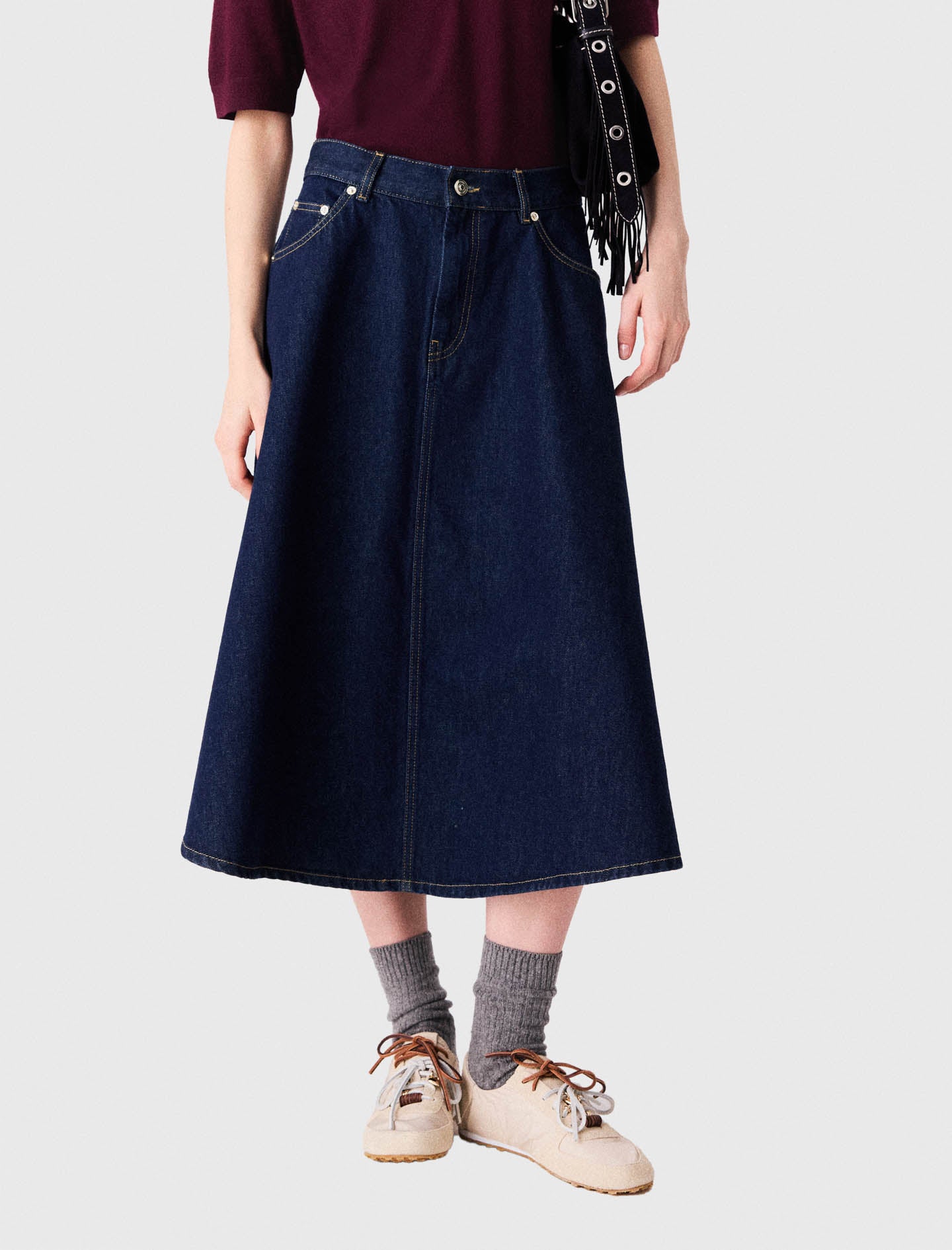 Mid-length flared denim skirt Navy