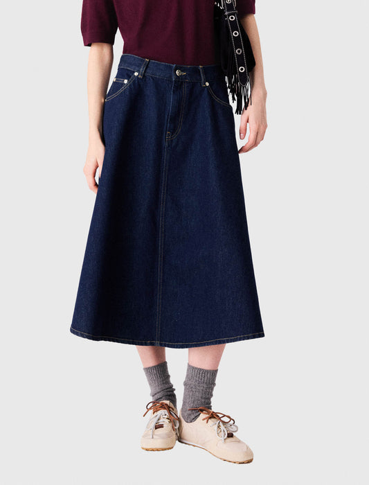Mid-length flared denim skirt Navy