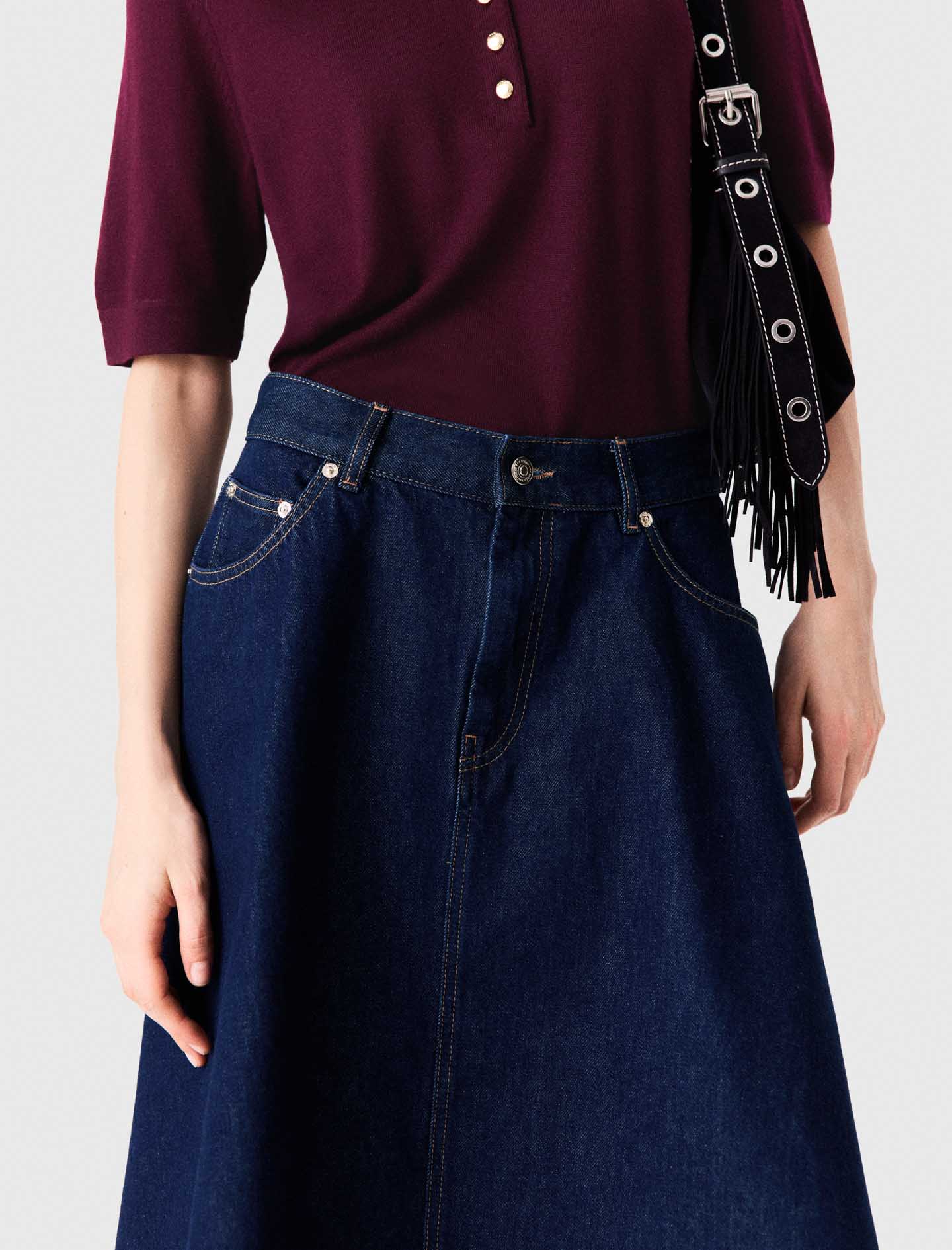 Mid-length flared denim skirt Navy