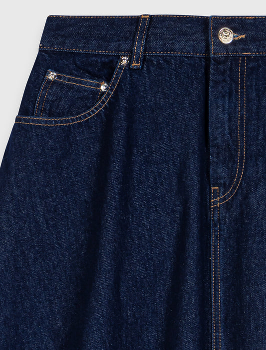 Mid-length flared denim skirt Navy