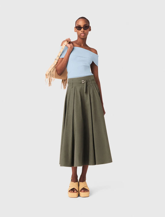 Cotton Pleated Maxi Skirt Khaki