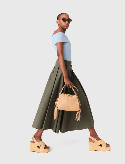 Cotton Pleated Maxi Skirt Khaki