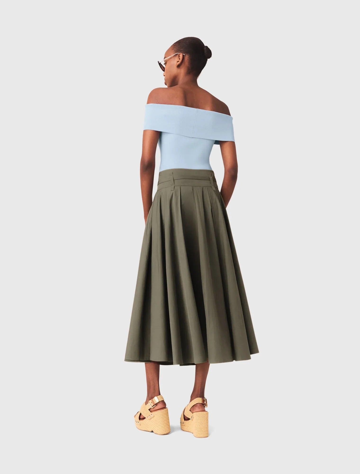 Cotton Pleated Maxi Skirt Khaki