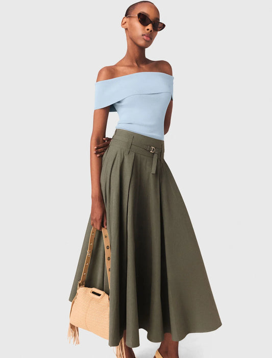 Cotton Pleated Maxi Skirt Khaki