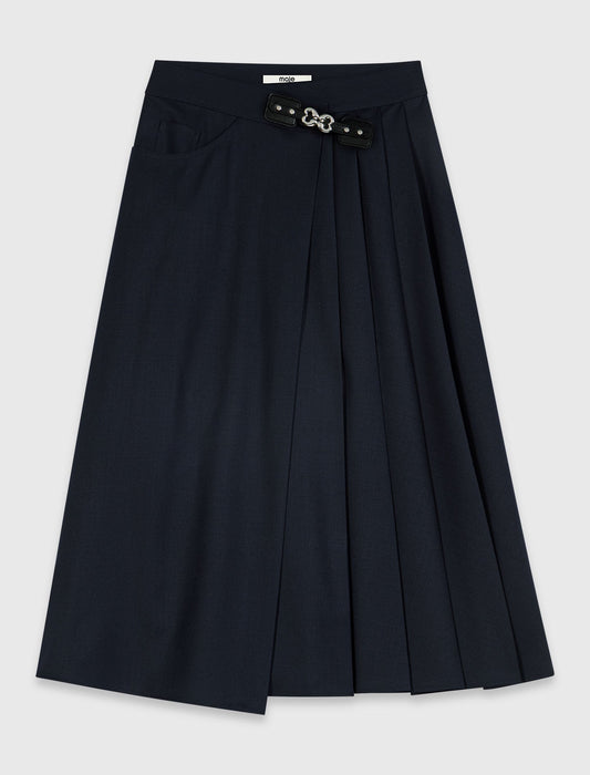 Long pleated skirt with buckle Navy