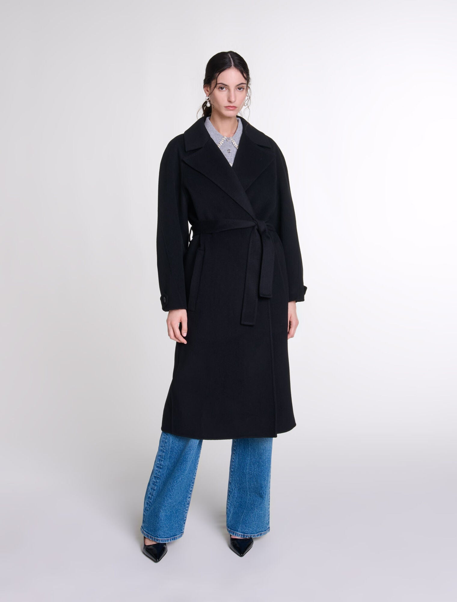 Black-featured-Long belted coat