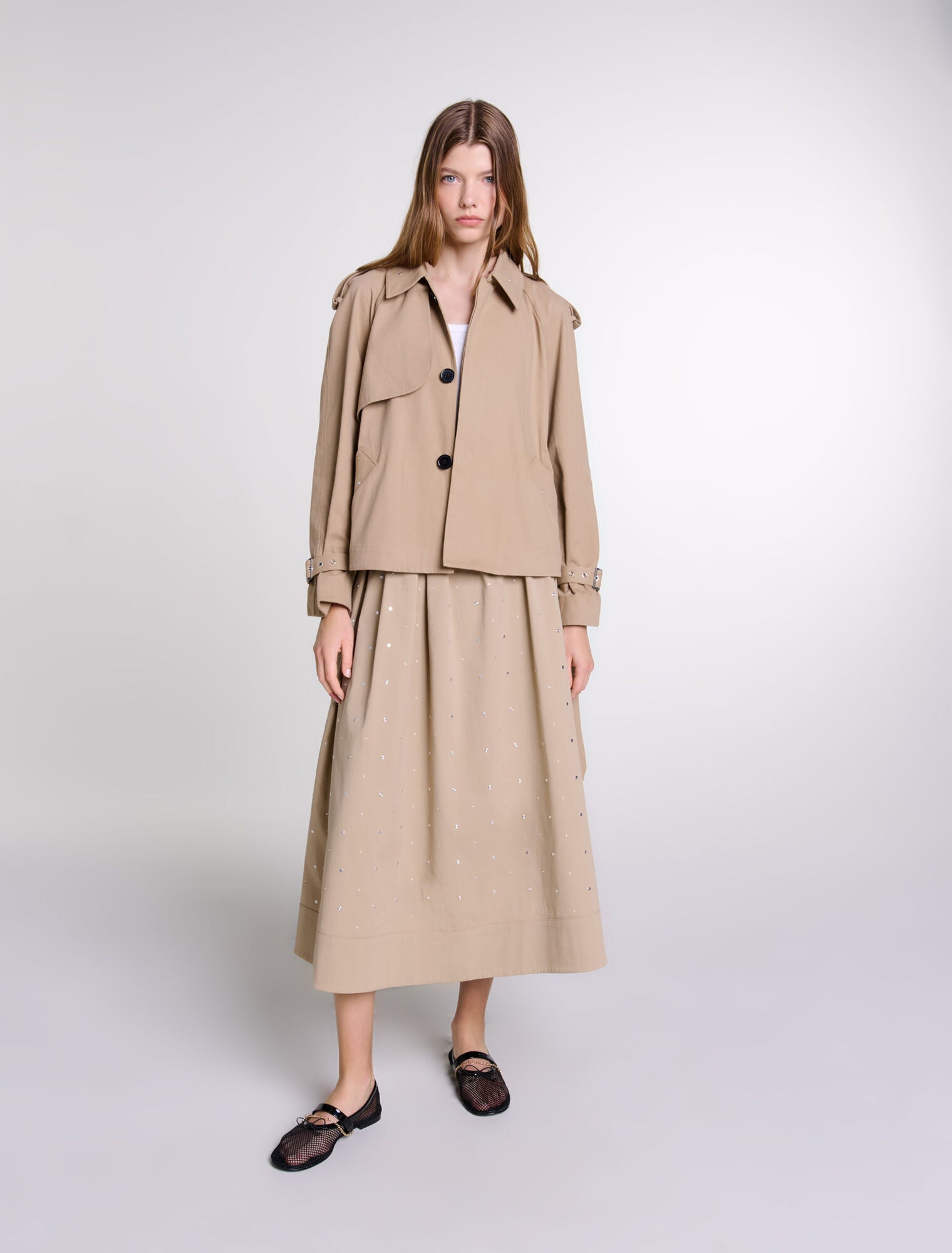 Beige-featured-Short studded trench coat