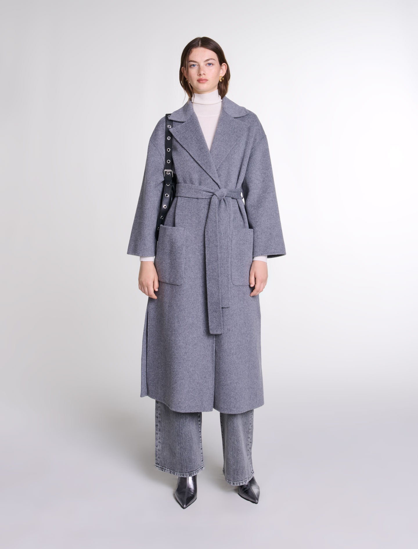 Grey-featured-Long double-faced coat with belt