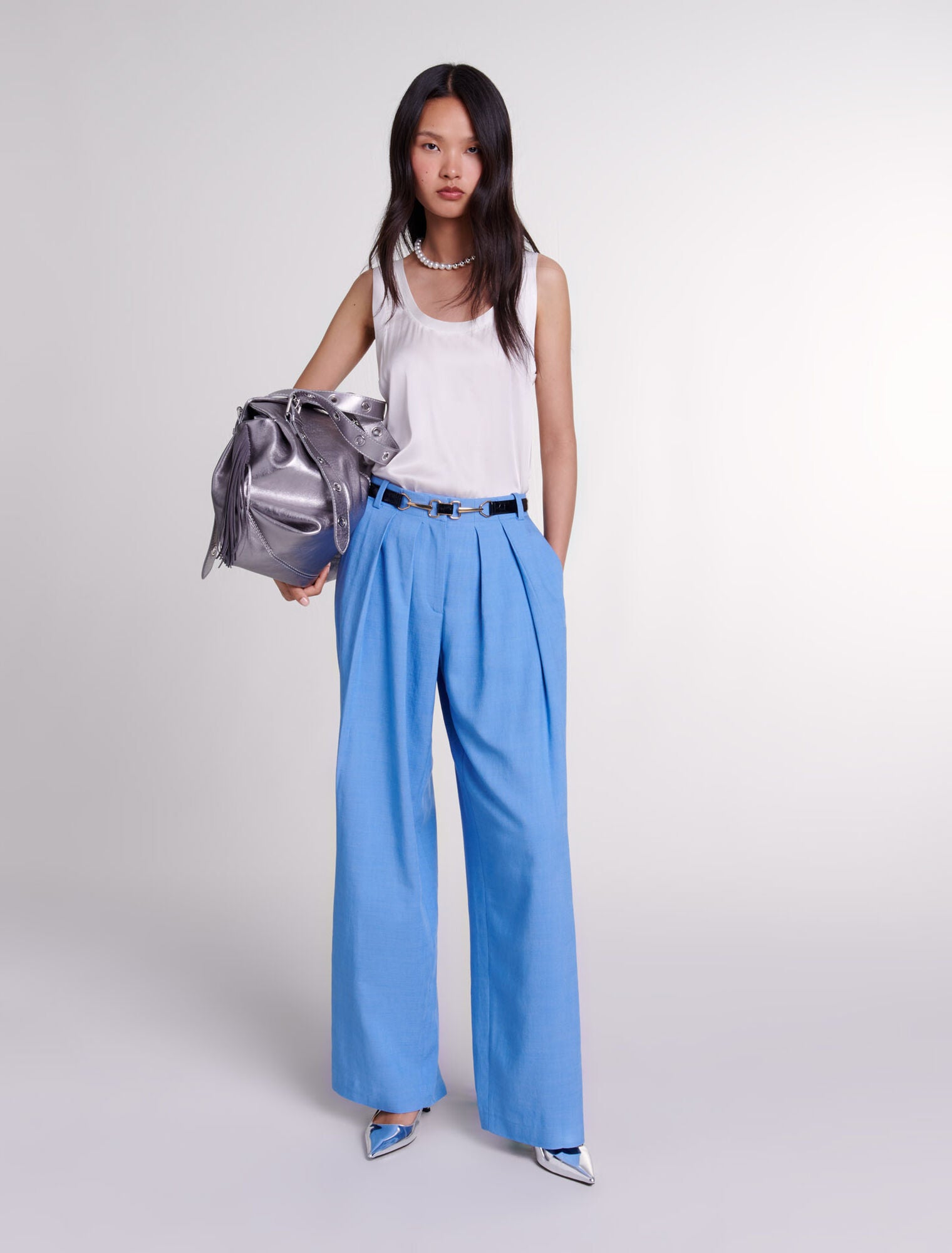 Blue-featured-Wide-leg suit trousers with pleats