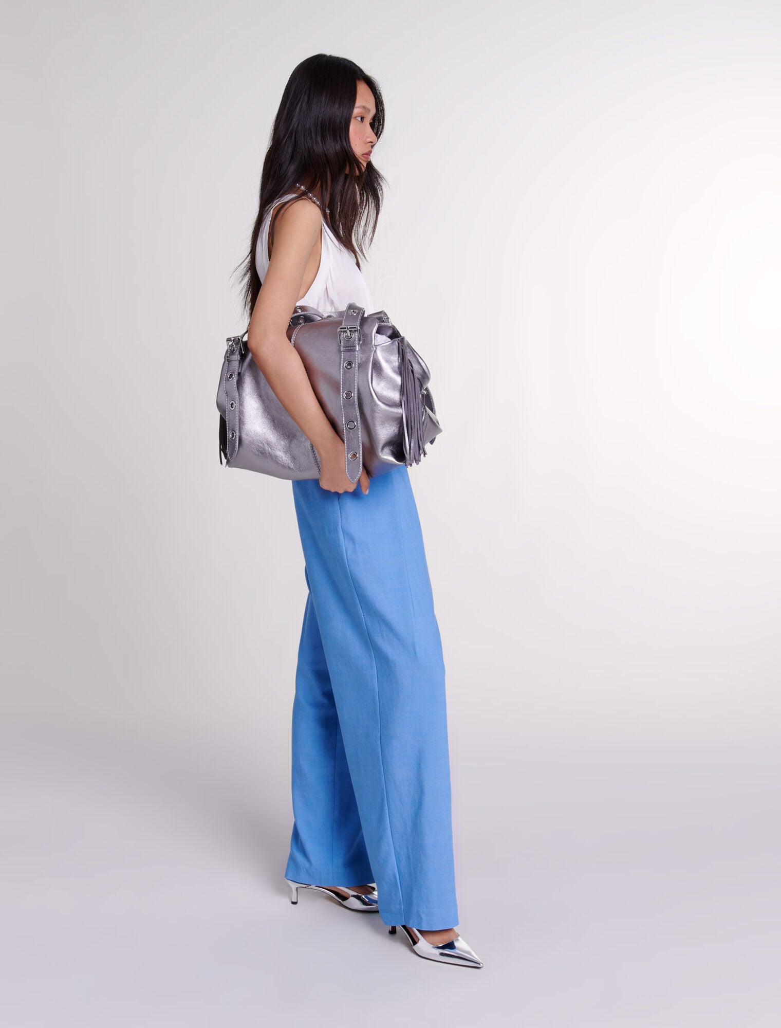 Blue-Wide-leg suit trousers with pleats