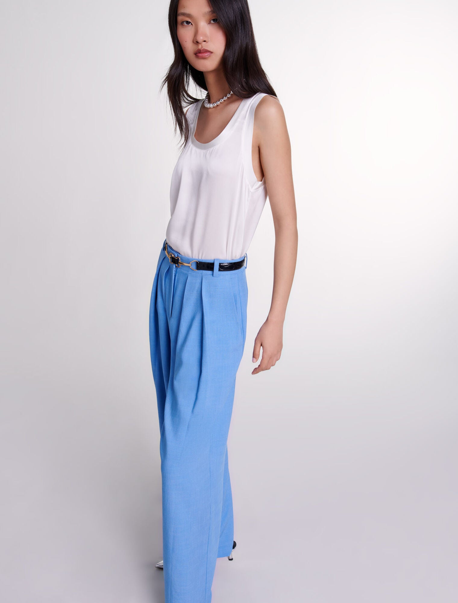 Blue-Wide-leg suit trousers with pleats