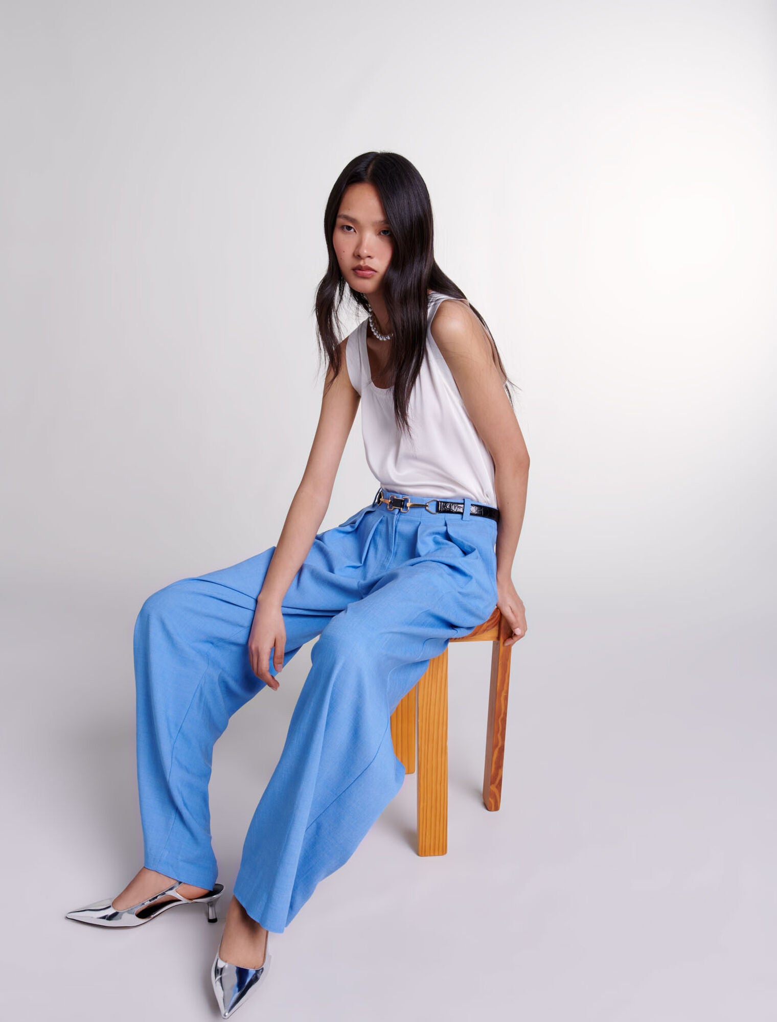 Blue-Wide-leg suit trousers with pleats