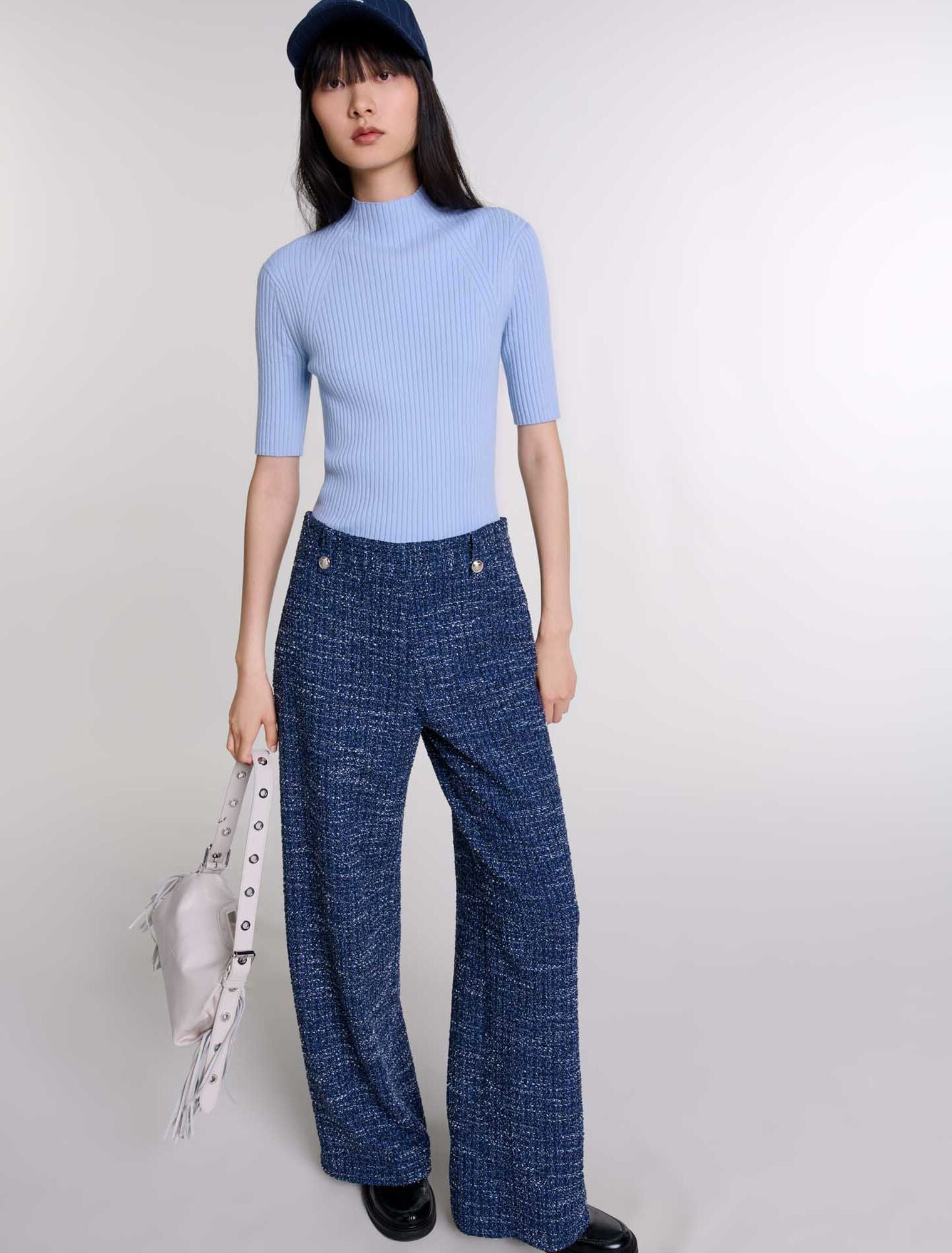 Blue Wide-leg tweed trousers