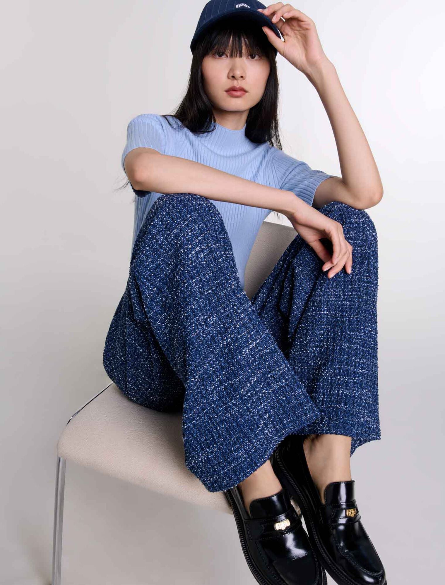 Blue Wide-leg tweed trousers