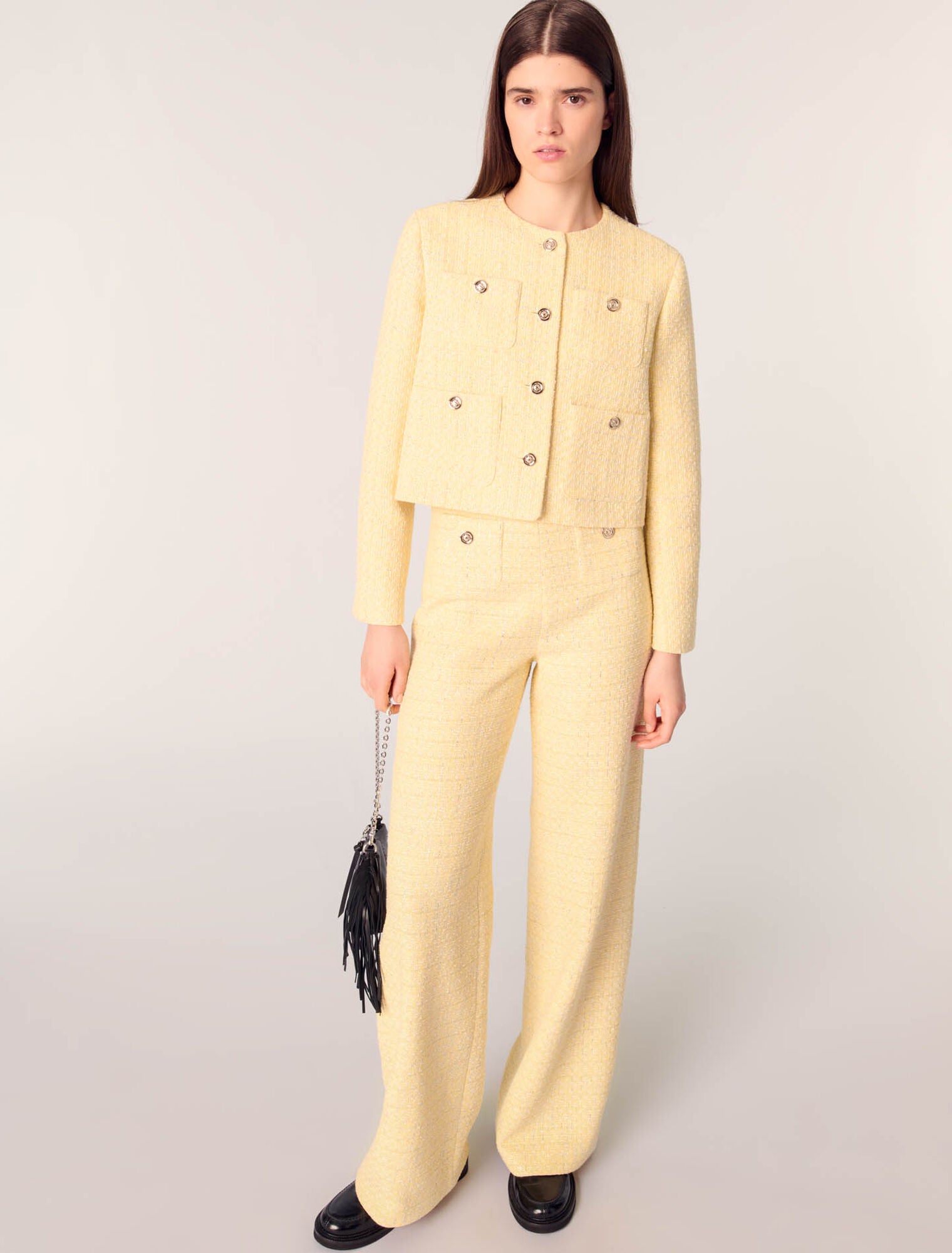 Yellow-Straight-leg tweed/lurex trousers