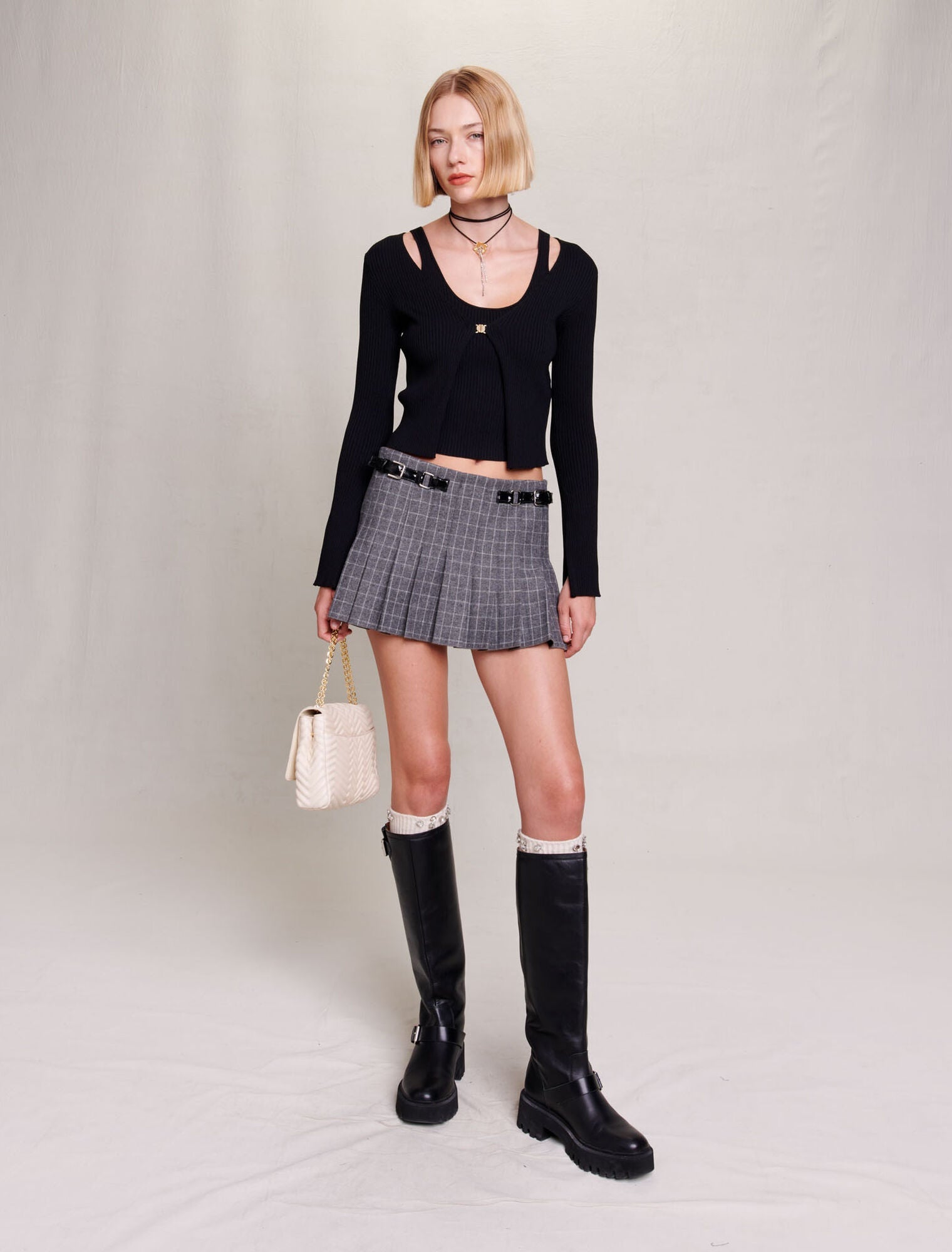 Black-featured-Stretch knit twin set