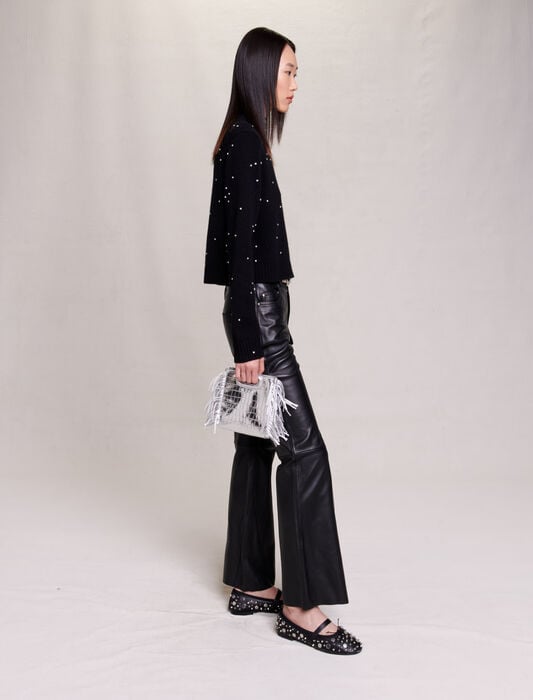 Black-cropped wool rhinestone jumper