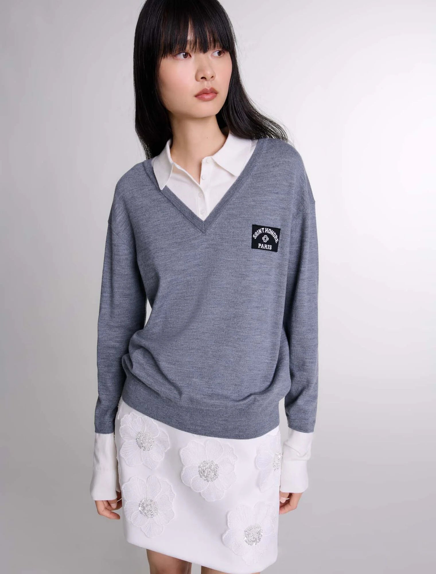 Grey-Layered wool-blend jumper