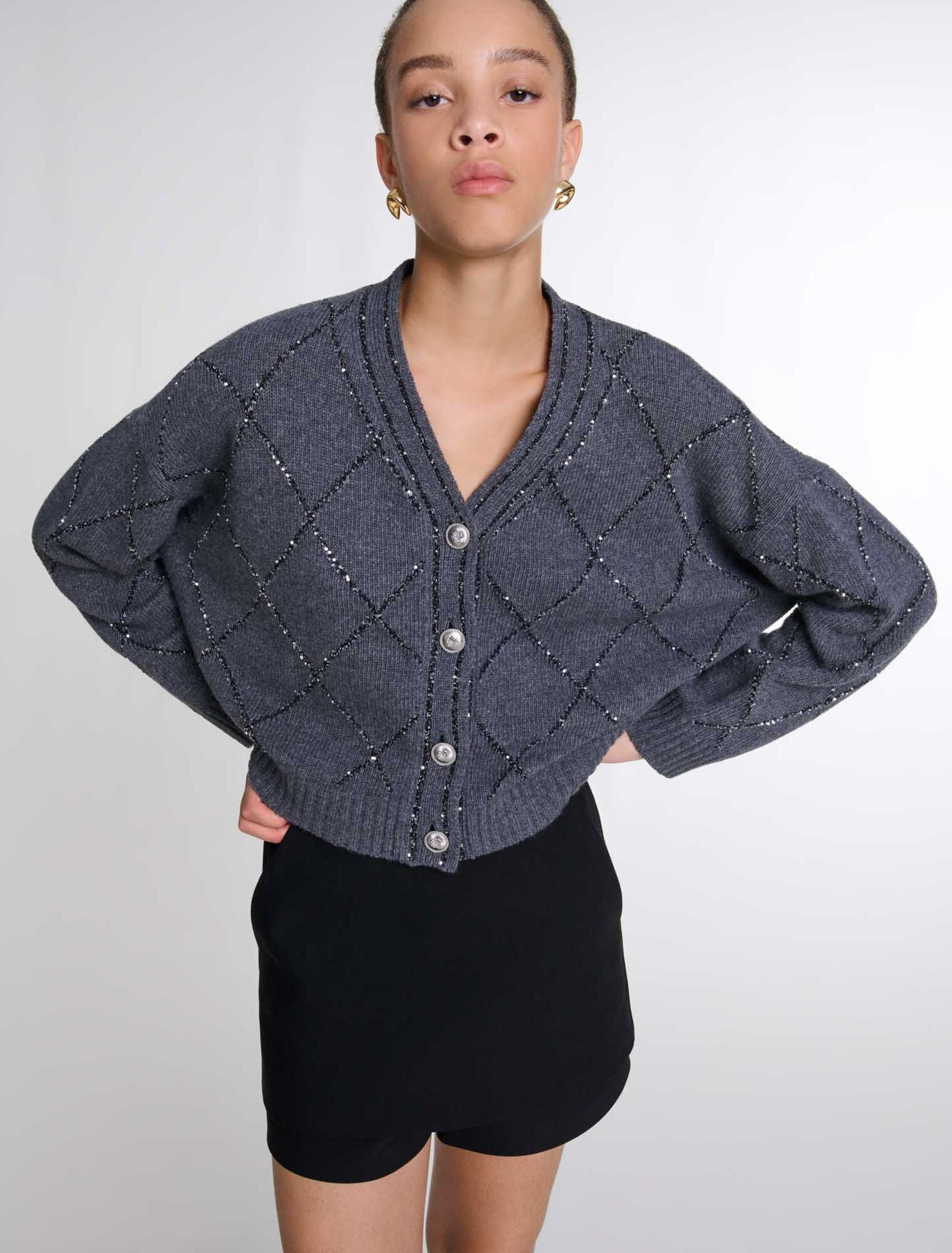 Anthracite grey-Sequin knit cardigan