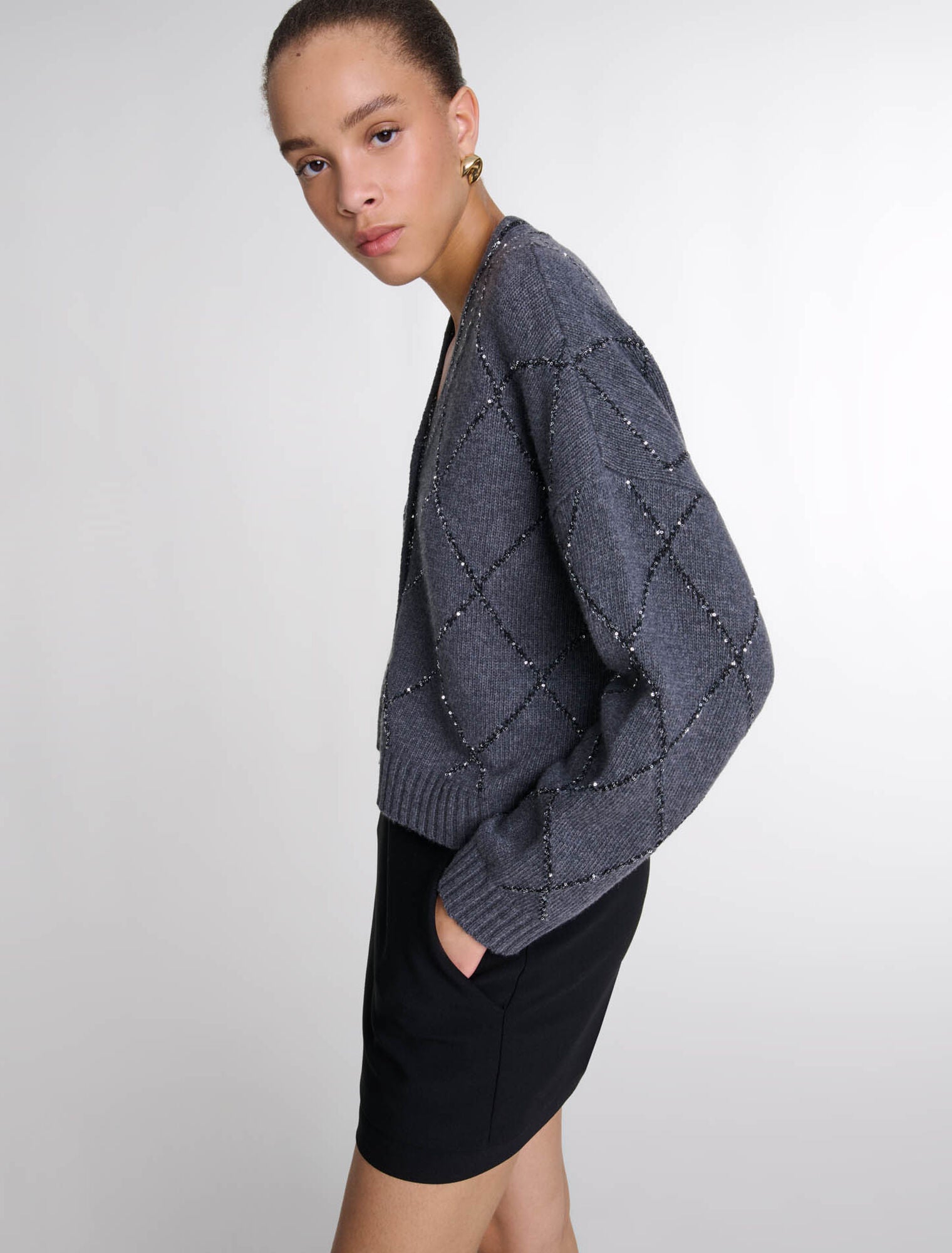 Anthracite grey-Sequin knit cardigan