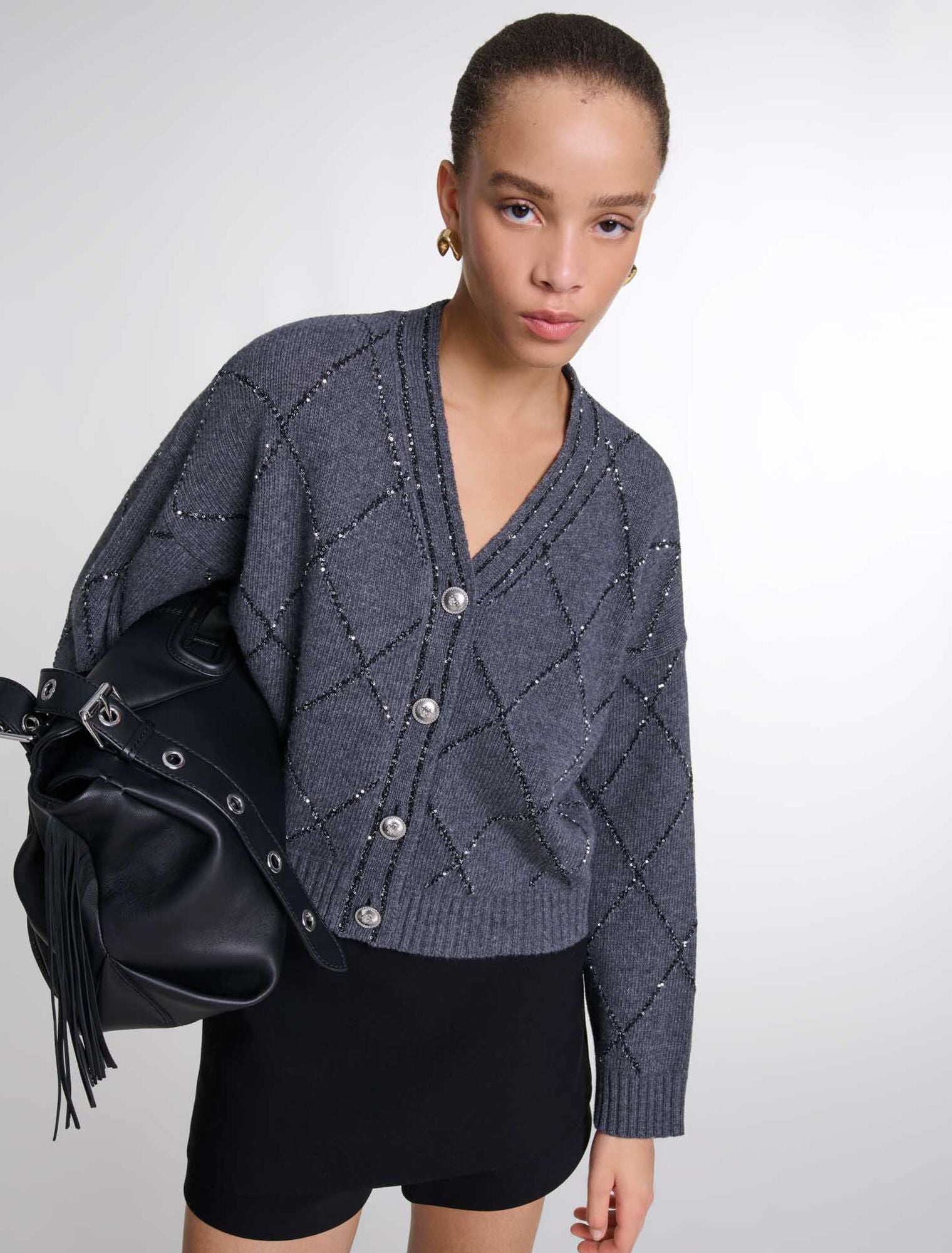 Anthracite grey-Sequin knit cardigan