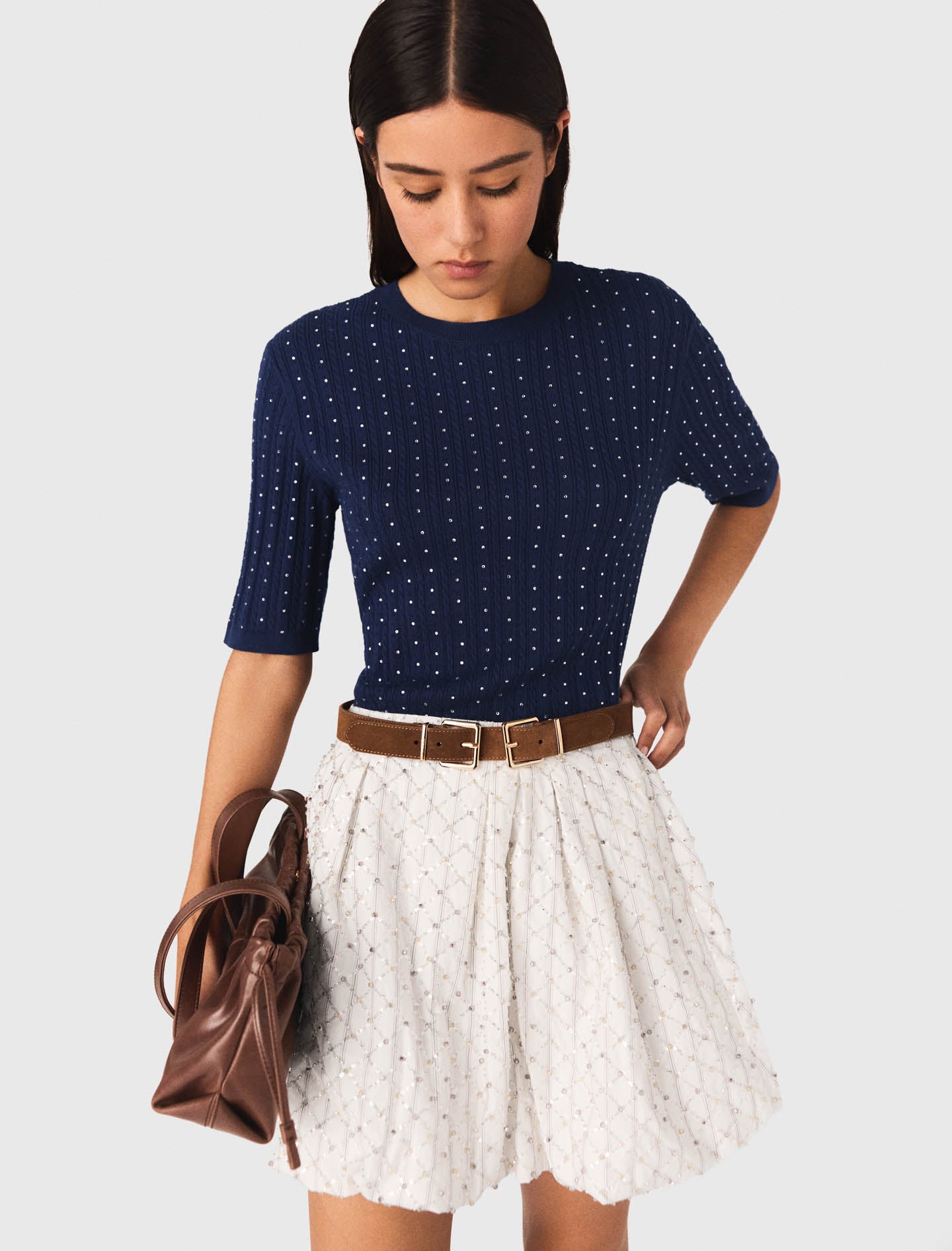 Round-Neck Rhinestone Jumper Navy