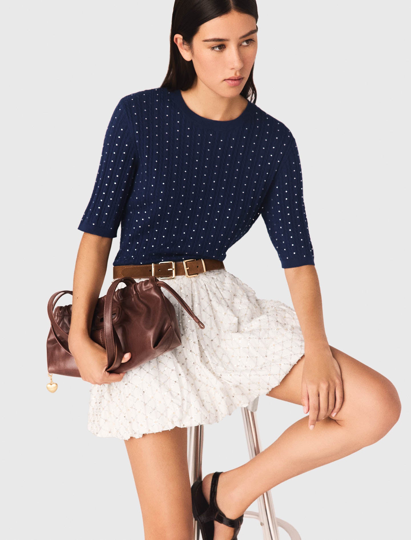 Round-Neck Rhinestone Jumper Navy